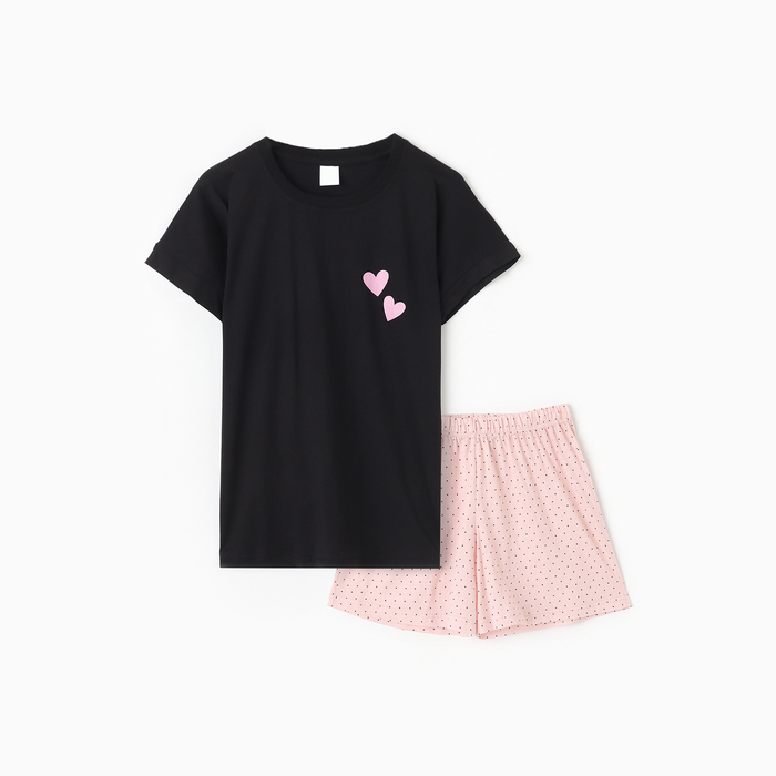 Пижама женская (футболка,шорты) Сердечки, цвет черный/розовый, размер 44