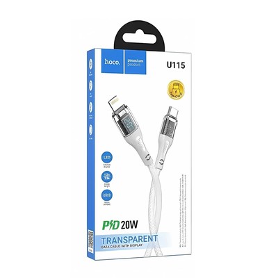 Кабель Hoco U115, Type-C - Lightning, 1.2 м, прозрачный, передача данных, оплётка нейлон, серый