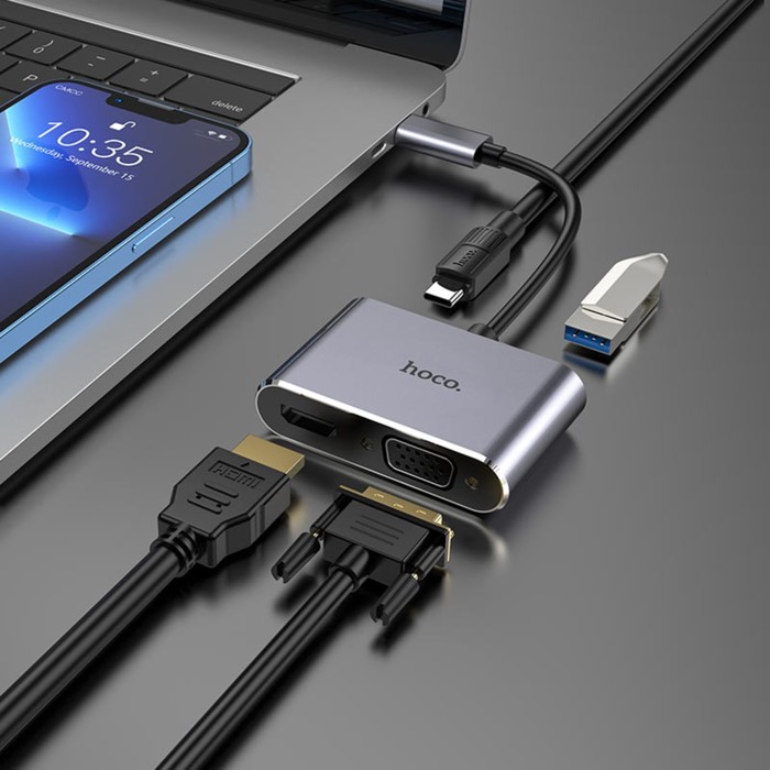 Адаптер Hoco HB30, HDMI/VGA/USB3.0/PD 15 см, серый - Фото 1