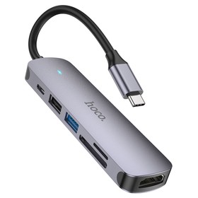 Адаптер Hoco HB28, HDMI/USB3.0/USB2.0/SD/TF/PD, 60 Вт, 3 А, 13.5 см, серый