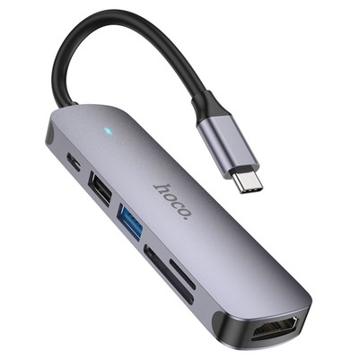 Адаптер Hoco HB28, HDTV/USB3.0/USB2.0/SD/TF/PD, 60 Вт, 3 А, 13.5 см, серый