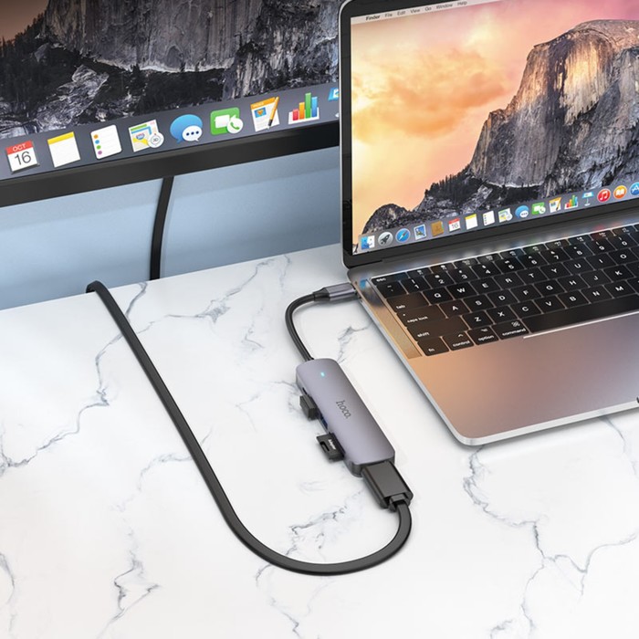 Адаптер Hoco HB28, HDMI/USB3.0/USB2.0/SD/TF/PD, 60 Вт, 3 А, 13.5 см, серый - Фото 1