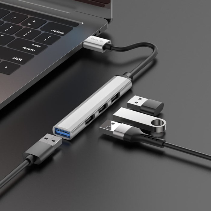 Адаптер Hoco HB26, 4 в 1, USB - USB3.0/USB2.0*3, длина кабеля 13 см, серебристый - Фото 1