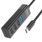 Адаптер Hoco HB25, 4 в 1, Type-C to USB3.0/USB2.0*3, длина кабеля 30 см, чёрный - Фото 1
