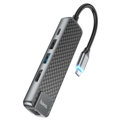 Адаптер Hoco HB23, HDTV/USB3.0/USB2.0/RJ45/PD, 60 ВТ, 3 А, длина кабеля 13.5 см, серый