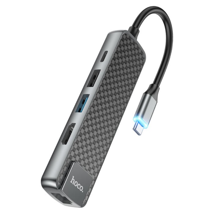 Адаптер Hoco HB23, HDMI/USB3.0/USB2.0/RJ45/PD, 60 ВТ, 3 А, длина кабеля 13.5 см, серый - Фото 1