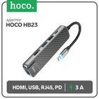 Адаптер Hoco HB23, HDMI/USB3.0/USB2.0/RJ45/PD, 60 ВТ, 3 А, длина кабеля 13.5 см, серый 9881637 - фото 12609400