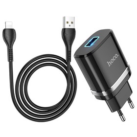 Сетевое зарядное устройство Hoco N1, 1 USB, 2.4 А, кабель Lightning - USB, 1 м, чёрное
