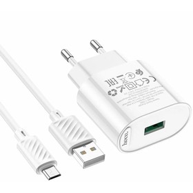 Сетевое зарядное устройство Hoco C109A, 1 USB, 18 Вт, QC, кабель micro USB - USB, 1 м, белое