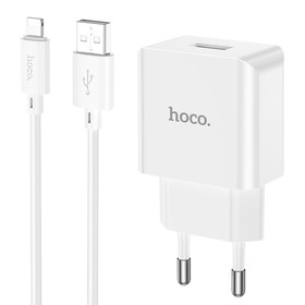 Сетевое зарядное устройство Hoco C106A, 1 USB, 2.1 А, кабель Lightning - USB, 1 м, белое