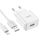 Сетевое зарядное устройство Hoco C106A, 1 USB, 2.1 А, кабель Lightning - USB, 1 м, белое - Фото 5