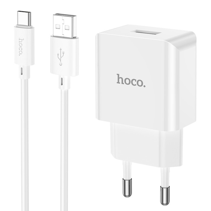 Сетевое зарядное устройство Hoco C106A, 1 USB, 2.1 А, кабель Type-C - USB, 1 м, белое - Фото 1