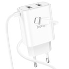 Сетевое зарядное устройство Hoco C103A, 2 USB, 2.1 А, встроенный кабель Lightning, 1 м,белое - фото 321758476