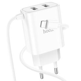 Сетевое зарядное устройство Hoco C103A, 2 USB, 2.1 А, встроенный кабель Lightning, 1 м,белое