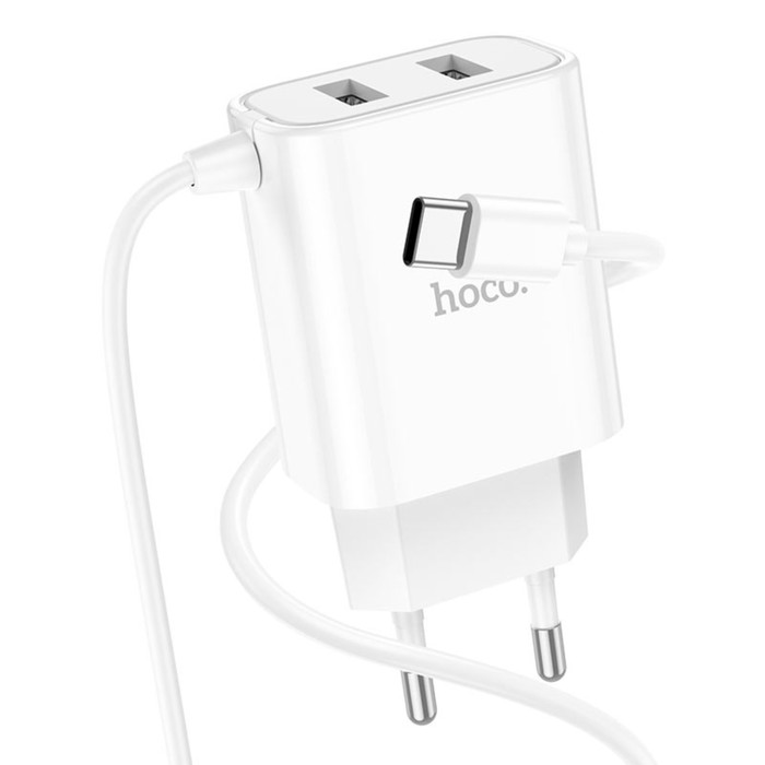 Сетевое зарядное устройство Hoco C103A, 2 USB, 2.1 А, встроенный кабель Type-C, 1 м, белое - Фото 1
