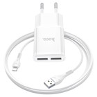 Сетевое зарядное устройство Hoco C88A, 2 USB, 2.4 А, кабель Lightning - USB, 1 м, белый - фото 321758604