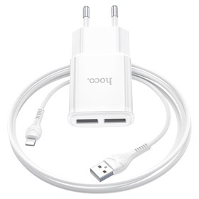Сетевое зарядное устройство Hoco C88A, 2 USB, 2.4 А, кабель Lightning - USB, 1 м, белый