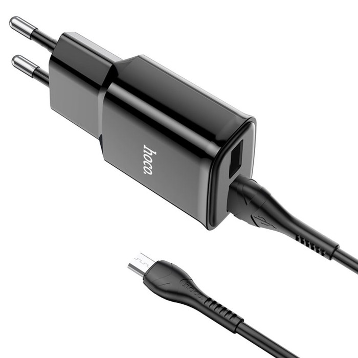 Сетевое зарядное устройство Hoco C88A, 2 USB, 2.4 А, кабель Micro USB - USB, 1 м, чёрный - Фото 1