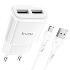 Сетевое зарядное устройство Hoco C88A, 2 USB, 2.4 А, кабель Micro USB - USB, 1 м, белый - Фото 2