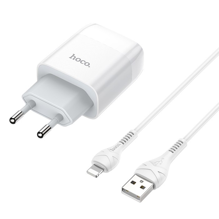 Сетевое зарядное устройство Hoco C72A, 1 USB, 2.1 А, кабель Lightning - USB, 1 м, белый
