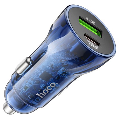 Автомобильное зарядное устройство Hoco Z47A, прозрачное, Type-C, USB, 30 Вт, PD+QC, синий