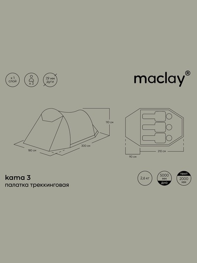 Палатка туристическая 3-местная maclay KAMA 3, 300×180×110 см, трекинговая, однослойная, с тамбуром, зелёная
