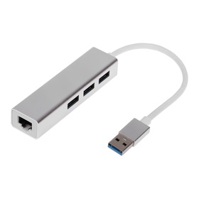 USB-разветвитель (HUB), 3 порта, порт Ethernet, кабель 10 см, серебристый