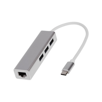 Type-C-разветвитель (HUB), 3 порта USB,порт ethernet, кабель 10 см, серебристый
