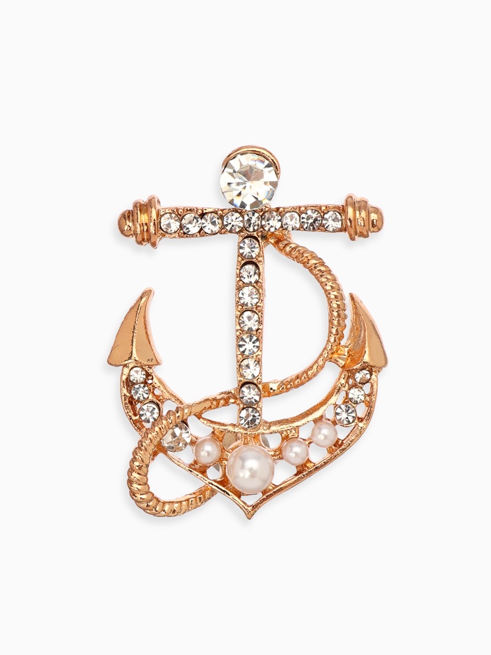 Брошь «Якорь» с бусинками, цвет белый в золоте - Фото 1