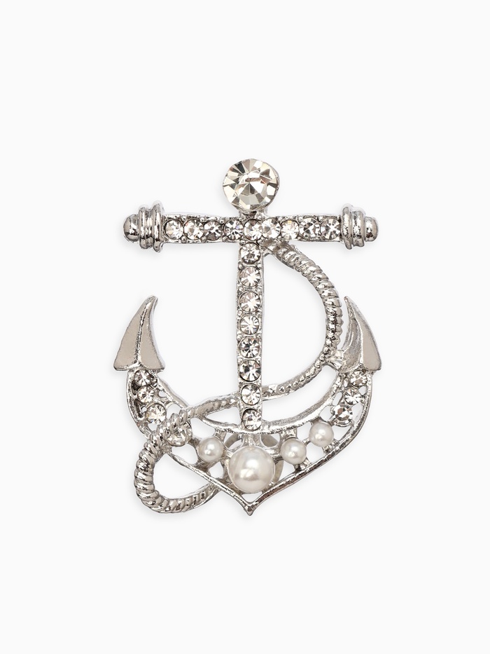 Брошь «Якорь» с бусинками, цвет белый в серебре - Фото 1