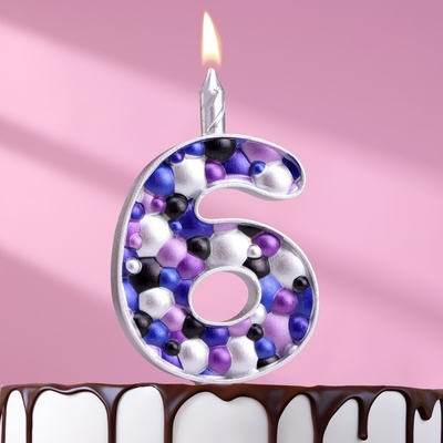 Свеча для торта "Пузырьки", цифра "6", 10 см, серебро