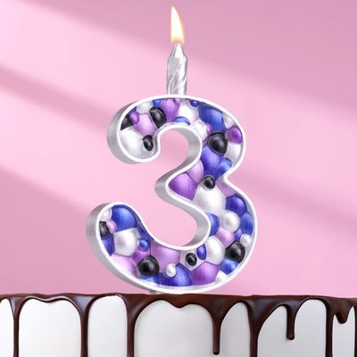 Свеча для торта "Пузырьки", цифра "3", серебро