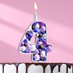 Свеча для торта "Пузырьки", цифра "4", 10 см, серебро