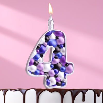 Свеча для торта "Пузырьки", цифра "4", серебро