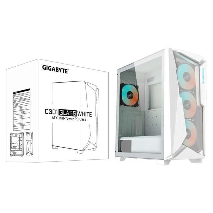 Корпус Gigabyte C301G белый без БП ATX 2x120mm 5x140mm 2xUSB3.0 audio bott PSU - фото 51589164