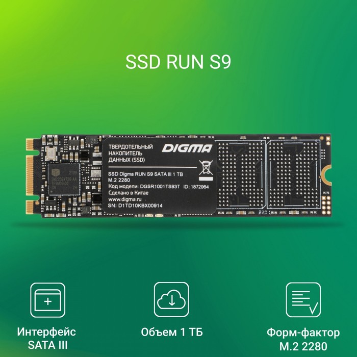 Накопитель SSD Digma SATA-III 1TB DGSR1001TS93T Run S9 M.2 2280 - фото 51589842