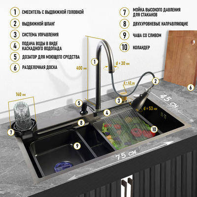 Кухонная мойка ZEIN M03, S=3.0 и 0.7 мм, смеситель, корзины, разделочная доска, сифон, графит
