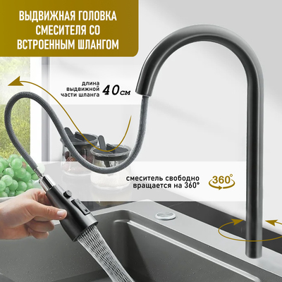 Кухонная мойка ZEIN M03, S=3.0 и 0.7 мм, смеситель, корзины, разделочная доска, сифон, графит