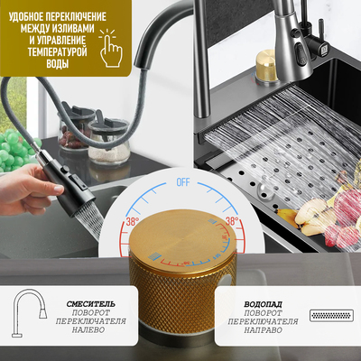 Кухонная мойка ZEIN M03, S=3.0 и 0.7 мм, смеситель, корзины, разделочная доска, сифон, графит