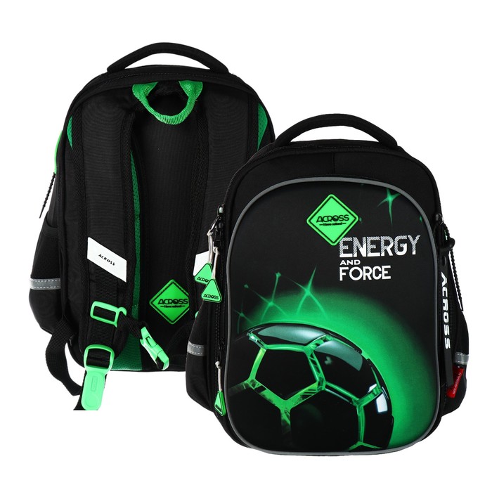 Рюкзак школьный 37 x 28 x 13см, эргономичная спинка, Across 557, + мешок, черный/зеленый - Фото 1