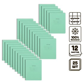 Комплект тетрадей из 25 штук, 12 листов в крупную клетку КФОБ "Зелёная обложка", с таблицей умножения, 60 г/м2 , блок офсет, белизна 100%