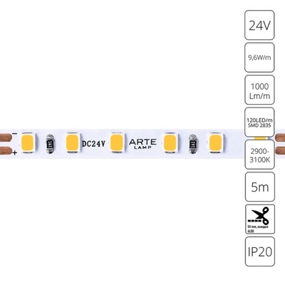 Светодиодная лента Arte Lamp Tape 24V 9,6Вт/м, 3000К, 5 м