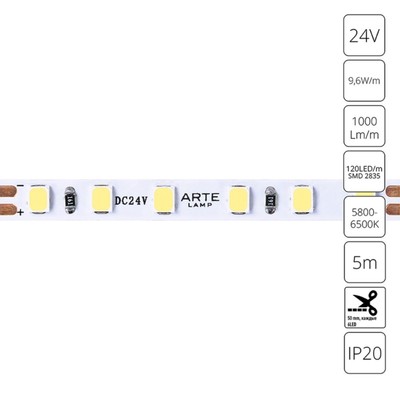 Светодиодная лента Arte Lamp Tape 24V 9,6Вт/м, 6000К, 5 м