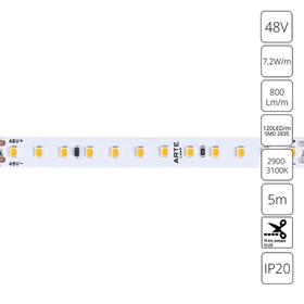 Светодиодная лента Arte Lamp Tape 48V 7,2Вт/м, 3000К, 5 м