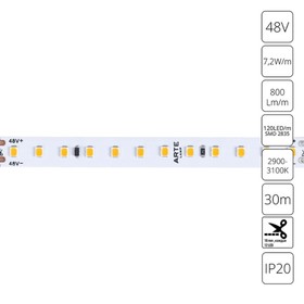 Светодиодная лента Arte Lamp Tape 48V 7,2Вт/м, 3000К, 30 м