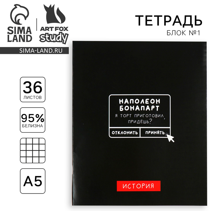 Тетрадь в клетку, предметная, 36 л.,на скрепке, блок №1 «Черный фон. История» - Фото 1
