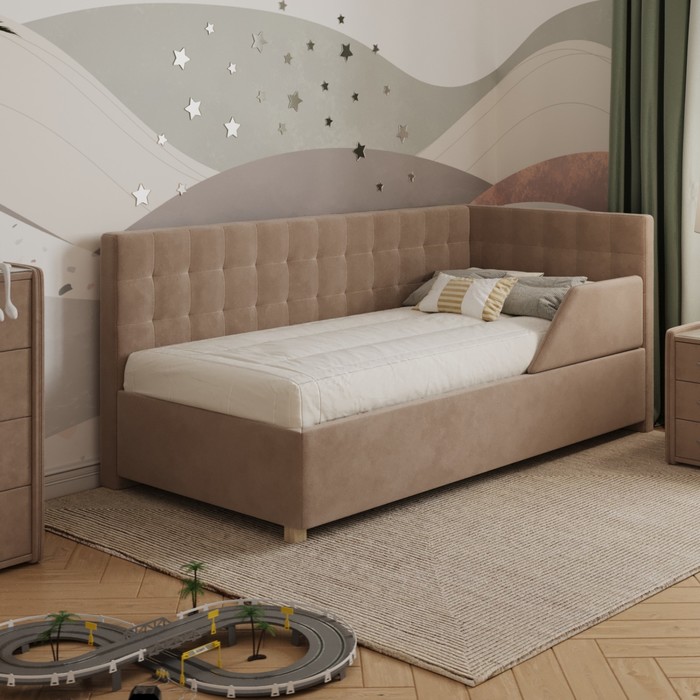 Кровать «Версаль» без ПМ, 80×190 см, с бортиком, правая, премиум велюр, пески касабланки - Фото 1