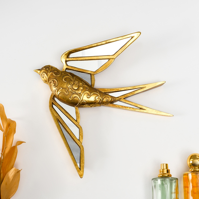 Панно настенное «Зеркальная ласточка с узорами», полистоун, декор, под золото, 28×4.5×27 см