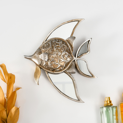 Панно настенное «Зеркальная рыбка с узорами», полистоун, декор, под серебро, 21×4×24 см