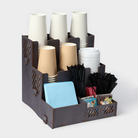 Подставка - органайзер деревянный Доляна «Барный», под стаканы, крышки, трубочки, салфетки, 29,4×29,4×29,4 см, цвет тёмный